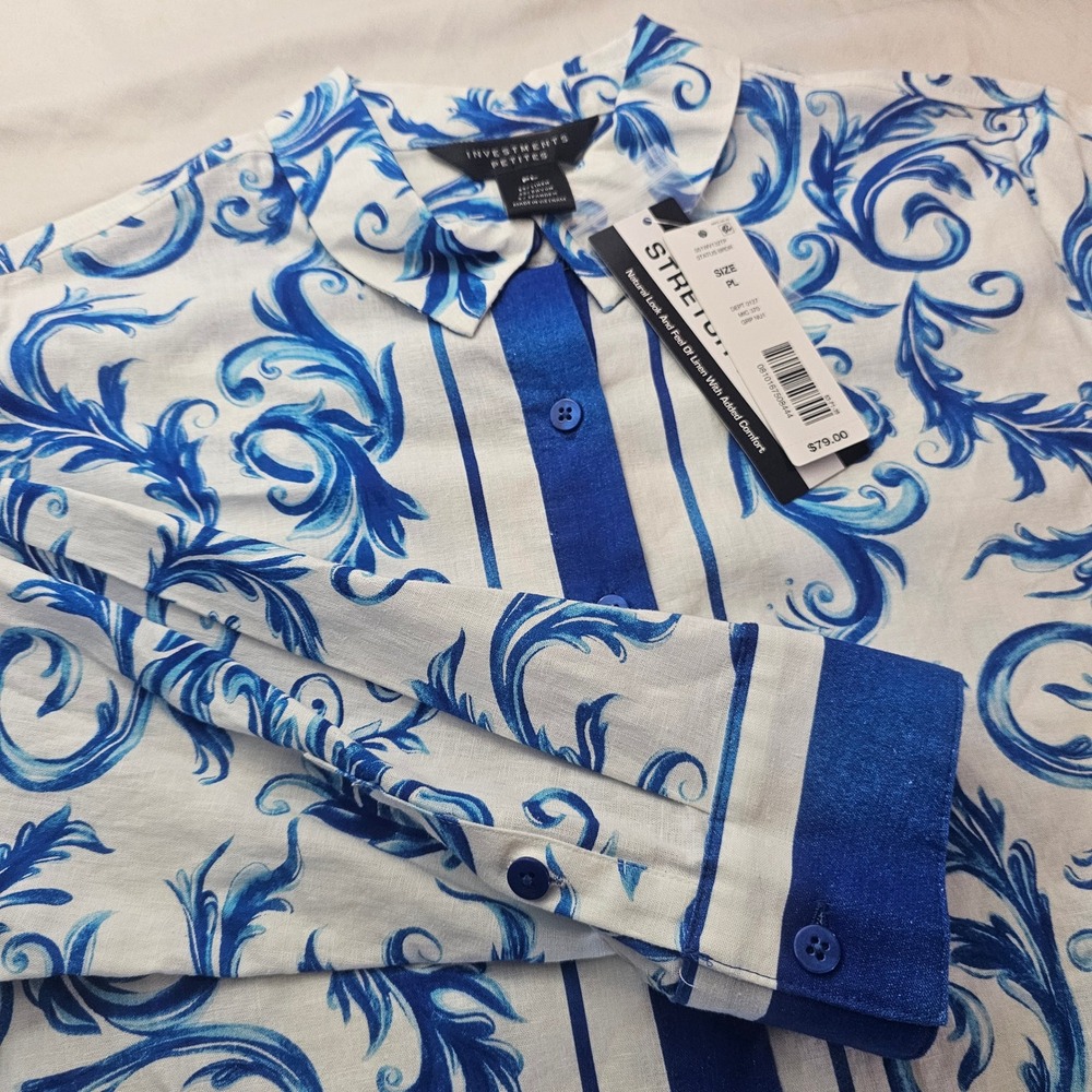Investments Petites PL Stretch Linen Blue White Scroll LS Button Down Shirt 1187